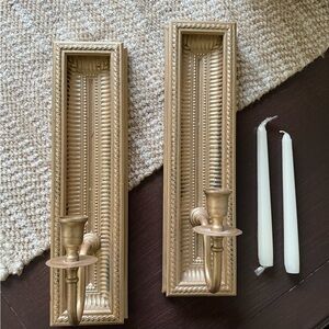 Pair Gold Wall Candle Holders Vintage Wood with 2 Taper Candles like new